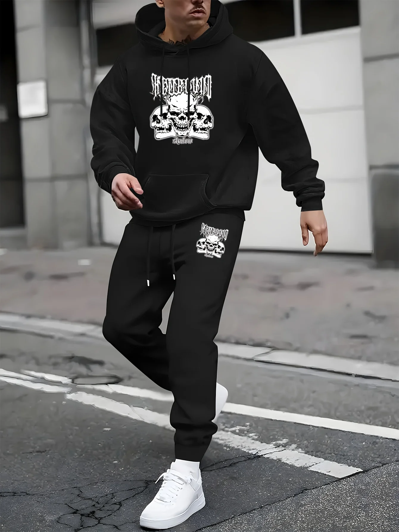 Gothic style skull pattern two-piece thick hooded hoodie set, for metal punk hip-hop street casual wear