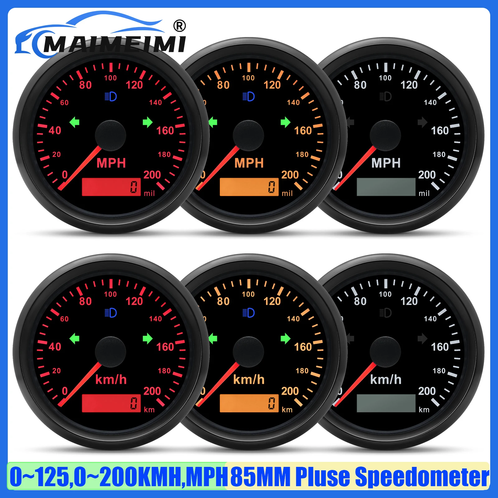 

MAIMEIMI Pulse Signal 85mm Speedometer Gauge with High Beam Overspeed Buzzer 125KMH,200KMH,MPH Analog Speed Gauge Red Yellow LED