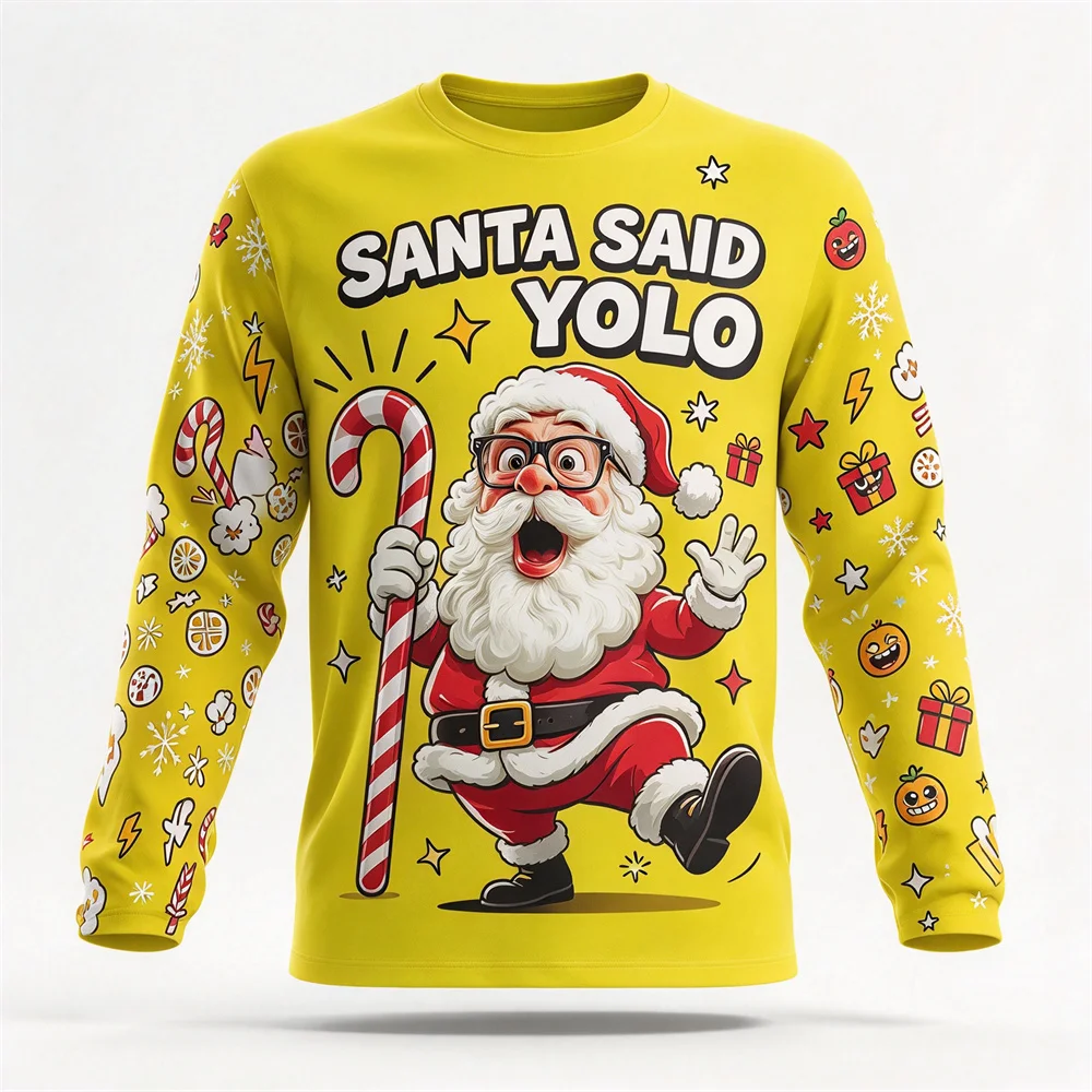 Autumn Winter New Christmas Long Sleeved T-shirt Funny Santa Claus Pattern T-shirt Cotton Comfortable Party T-shirt Gift for Men