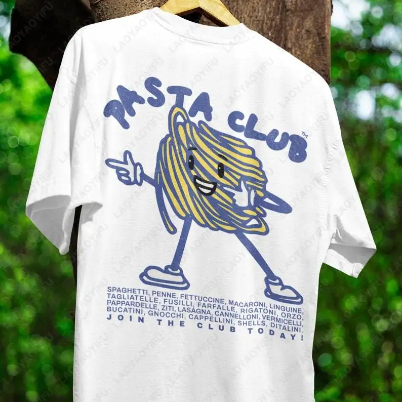 Funny Food Shirt Pasta Club Retro Graphic 90s T-Shirt Hand-Drawn Spaghetti Cartoon Unisex Tees Foodie Gift for Lover Cotton Tops