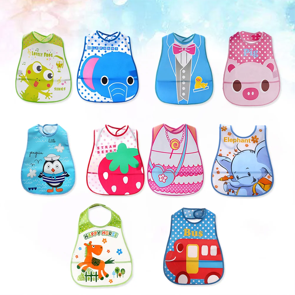 10pcs Adjustable Baby Bibs EVA Plastic Waterproof Lunch Feeding Bibs Baby Cartoon Feeding Cloth Children Baby Apron Babador (Ran