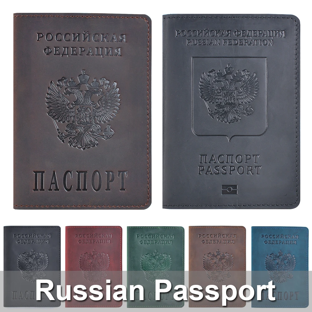 

Genuine Leather Passport Cover Designed For Russian Federation Crazy Horse Leather Card Holder Business Bilingual Passport Case