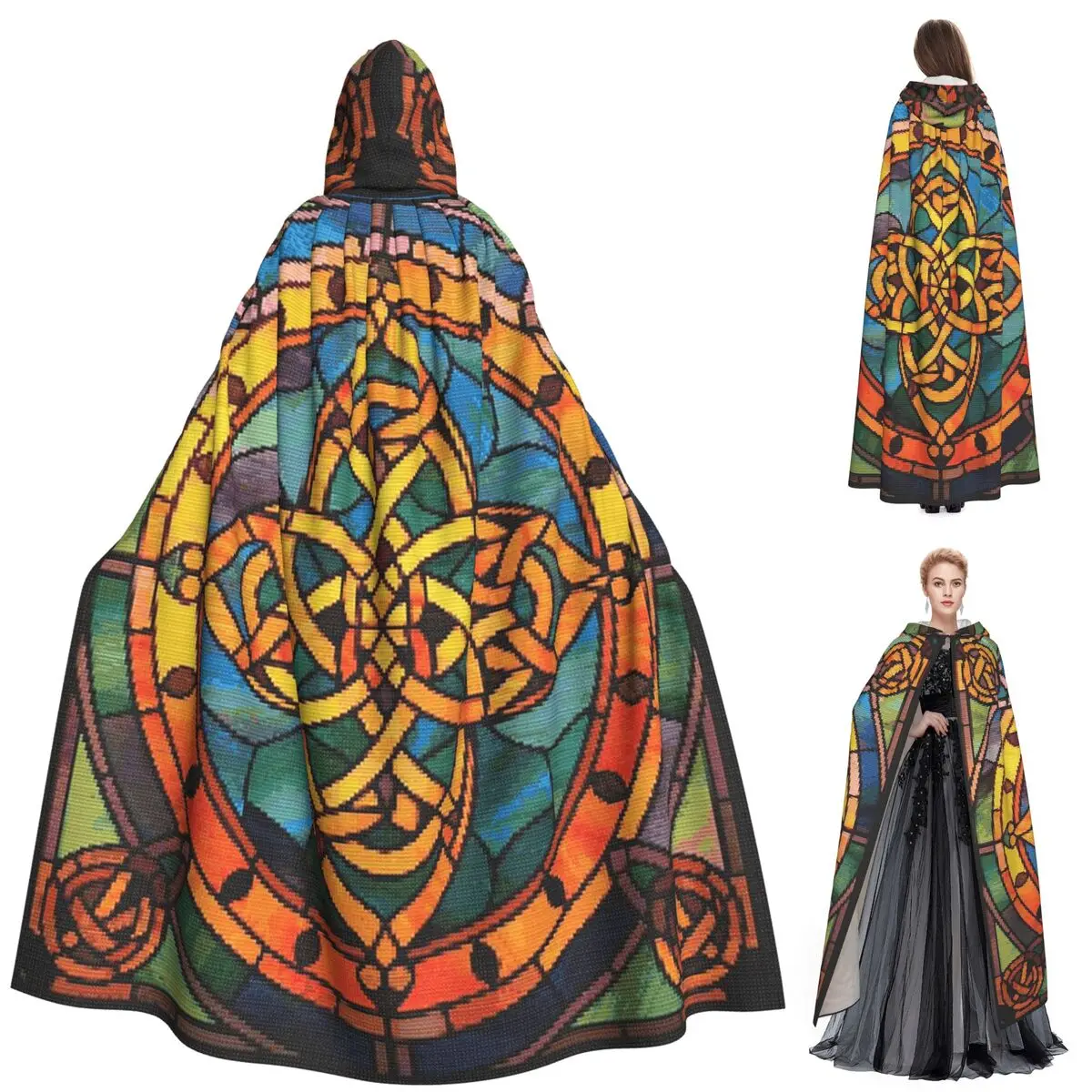 Celtic Knot Pattern Long Hooded Cloak Witch Medieval Costume Cosplay Cape HalloweenVampire Adult Unisex