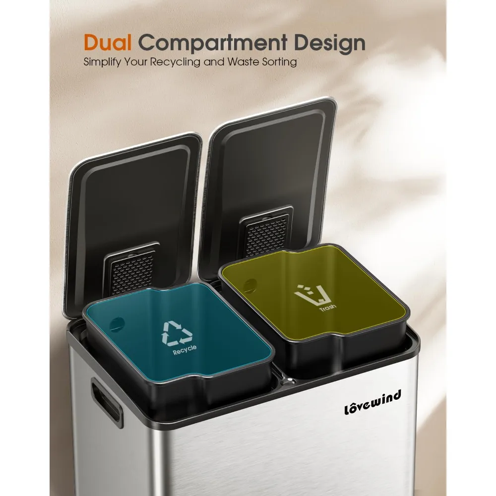 سلة المهملات المزدوجة وصناديق إعادة التدوير للمطبخ، 2 × 8 جالون (2 × 30 لتر) سلة قمامة المطبخ المصنوعة من الفولاذ المقاوم للصدأ مع إغلاق ناعم #2