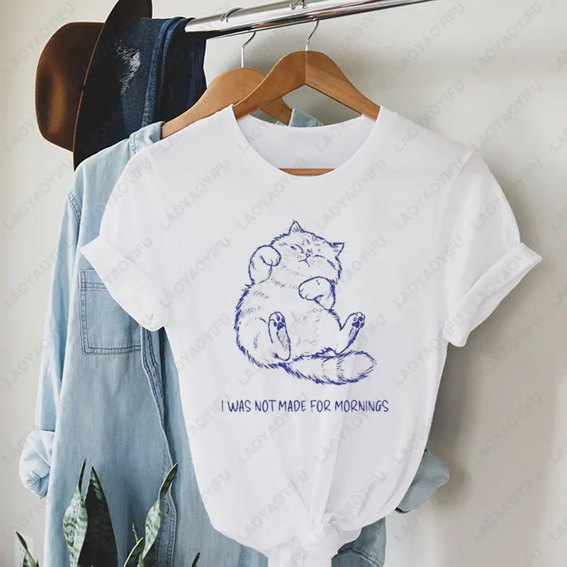 I Was Not Made for Mornings Funny Cat T-Shirt Lazy Cat Meme Tee Cute Sarcastic Slogan Tops Summer Vintage O-neck Camisetas Mujer