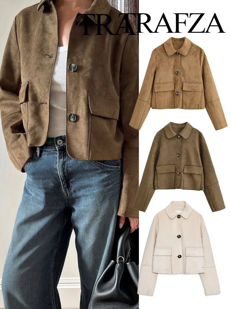

TRAFZA Female Autumn Fashion Vintage Lapel Single-breasted Reverse Velvet Effect Jacket Female High Street Casual 3-Color Coats