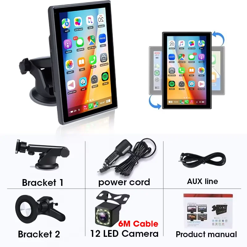 Jansite 7" draagbare multimediaspeler Carplay AI-scherm IPS-scherm GPS-navigatie Bluetooth-ondersteuning Horizontaal/verticaal scherm - afbeelding 1
