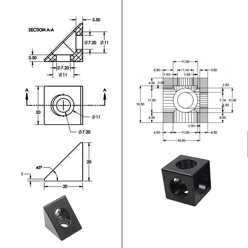 2020 Aluminum Block Cube Prism Connector Wheel Regulator Corner V-slot Three Way Connector 90 degree Angle