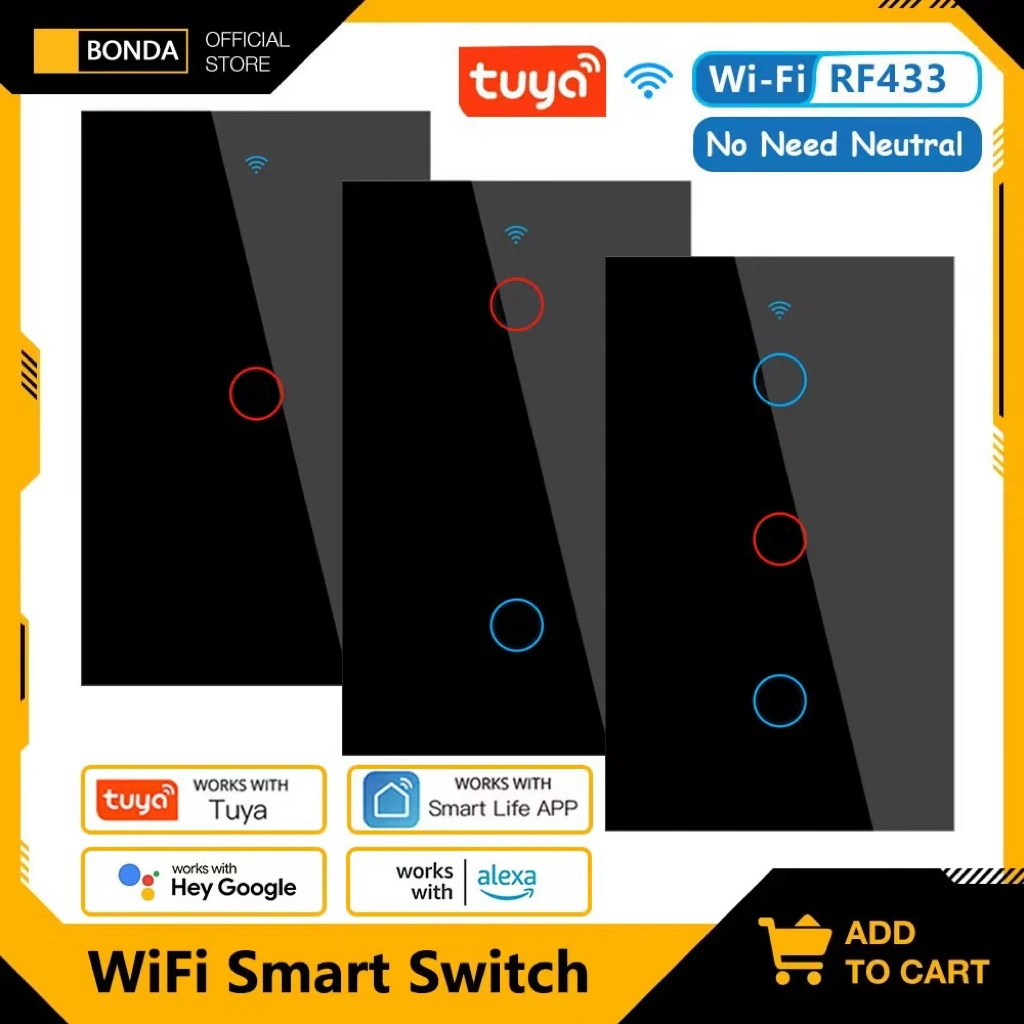 Interrupteur tactile mural intelligent Tuya, wi-fi, RF433, aucun fil neutre requis, commande vocale, fonctionne avec Alexa Google Home