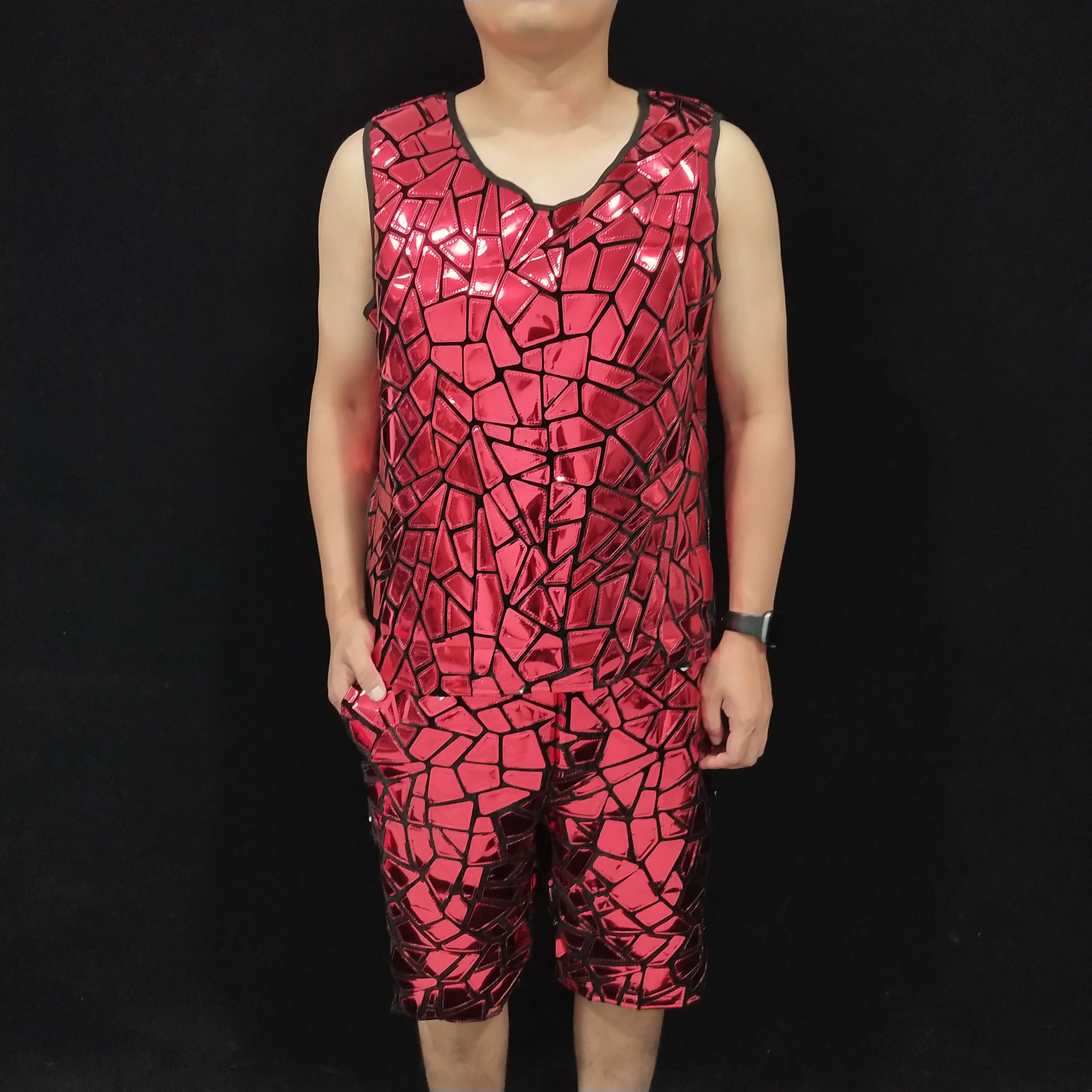 الأحمر الليزر الترتر لامعة سترة السراويل قطعتين مجموعة الذكور الهيب هوب الجاز ملابس رقص مجموعة نادي حفلة كرنفال تظهر مهرجان الملابس