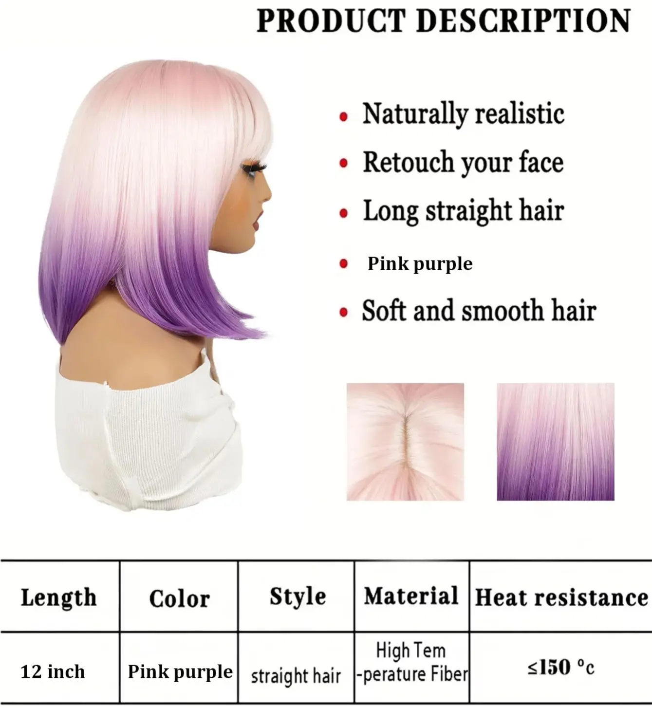 Short Bob Straight Wig With Bangs for Women 12 Inch Ombre Pink Purple Straight Wigs Synthetic Halloween Cosplay Party Daily Hair