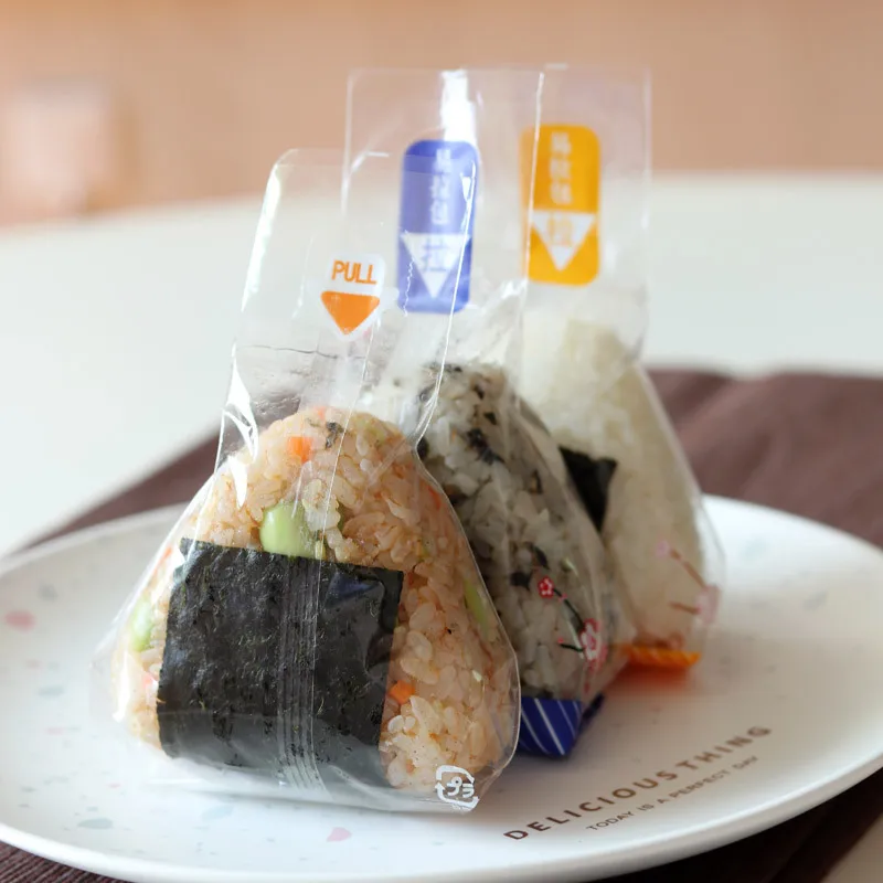 Estilo japonês Triângulo Arroz Bola Saco de embalagem, rasgo fácil Sushi Embalagem Bag, Anti-fog Bag, 100pcs