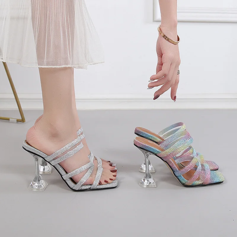 Women High Heels 2026 Open Toes Sandals Fashion Colored Narrow Band Ladies Party Dress Shoes Squared Toes Slippers Large Size 46
