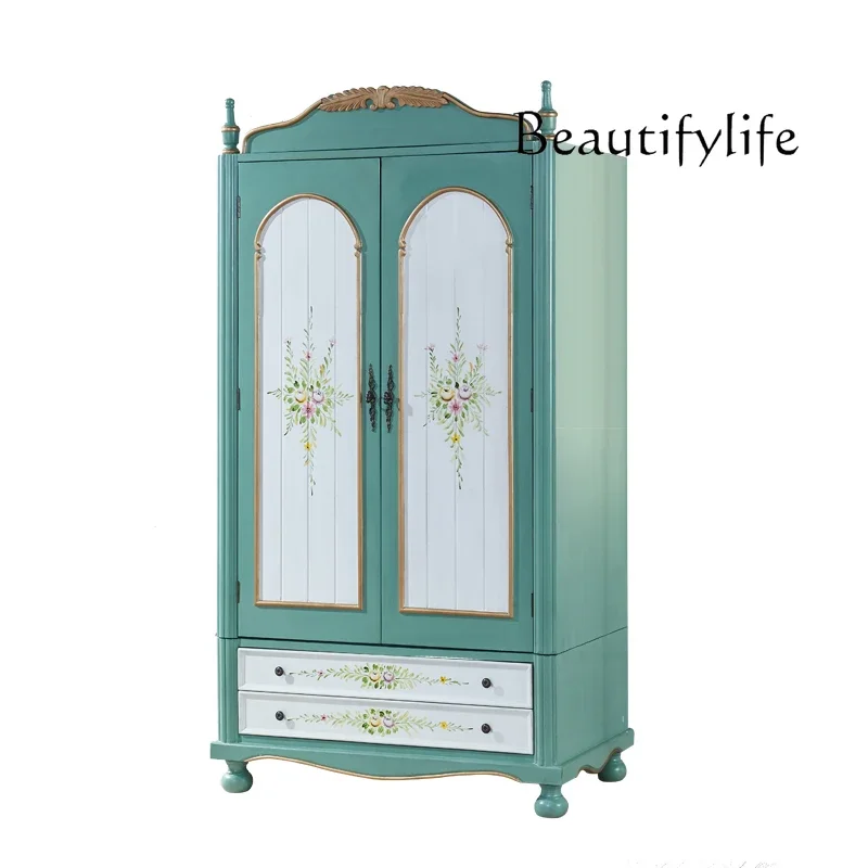 

Painted hand-painted wardrobe, American rural retro solid wood carving simple home designer