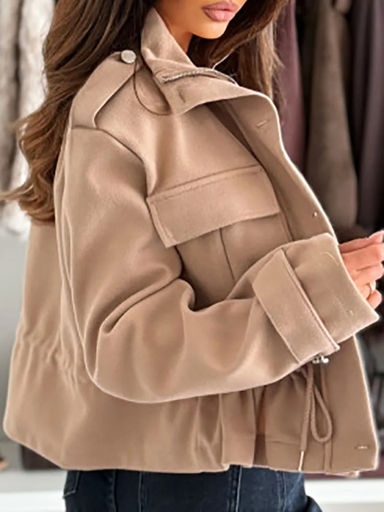 

Модная куртка на молнии с отложным воротником, женская куртка на пуговицах на талии, тонкий короткий топ, кардиганы на шнуровке, осень-зима, однотонные пальто с длинными рукавами