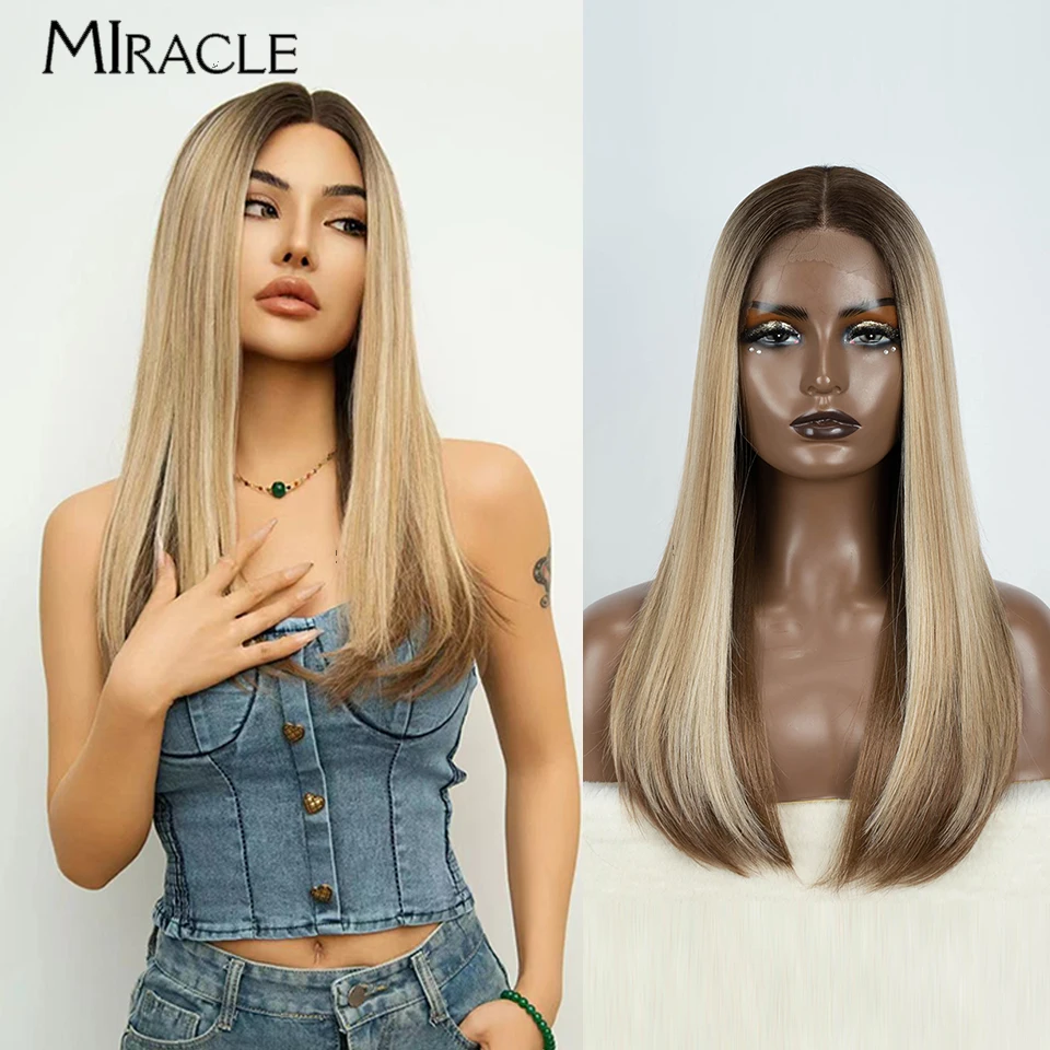 MIRACLE Ombre Blonde Wig Female Synthetic Lace Wig for Women 22'' Soft Straight Lace Wigs Heat Resistant Cosplay Fake Hair Wig