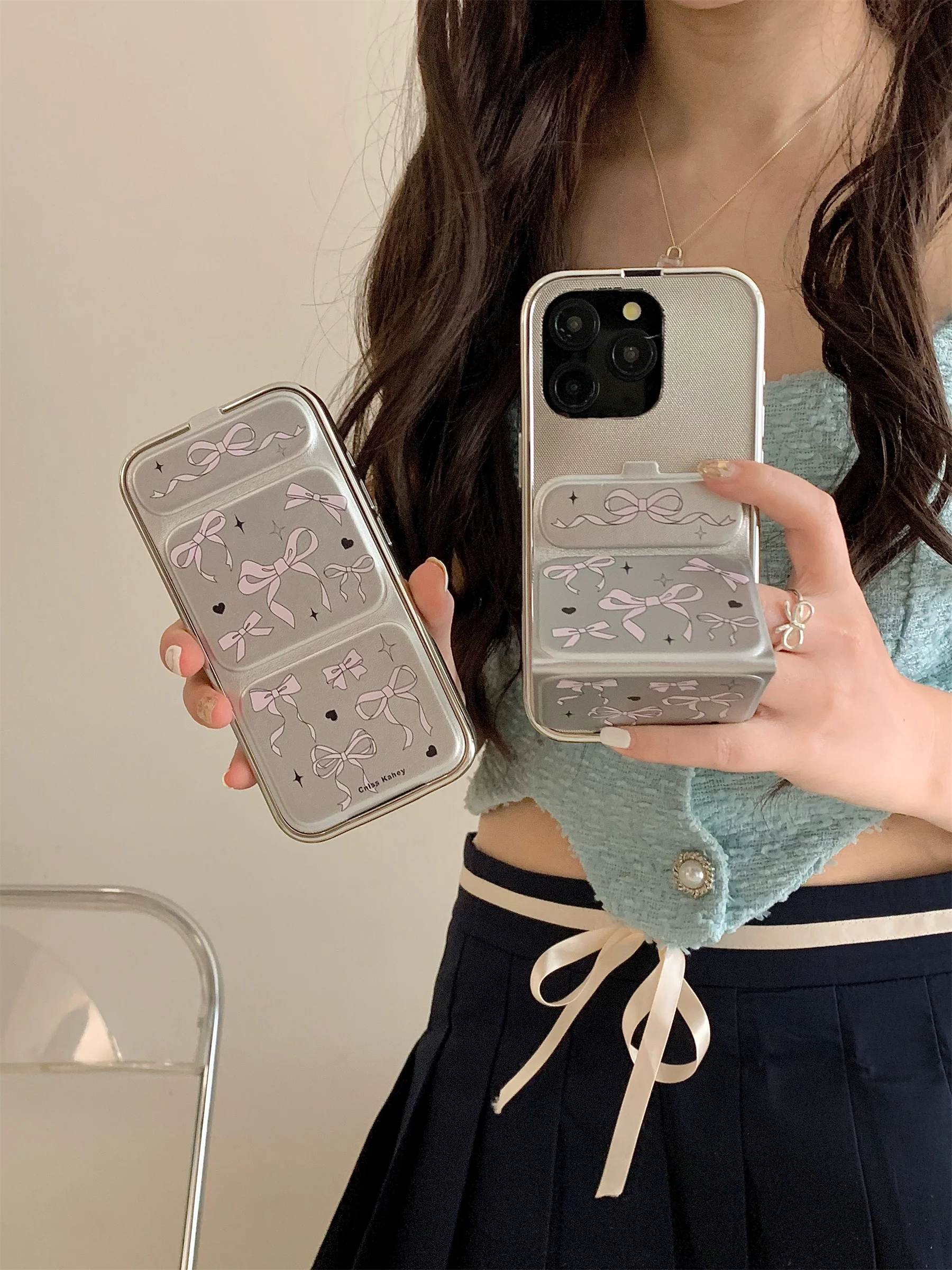 

Folding Flip Holder Korean Luxury Full Screen Love Bow Anti Drop Case for iPhone 15 14 13 12 Pro Max Back Cover For Girl Gift