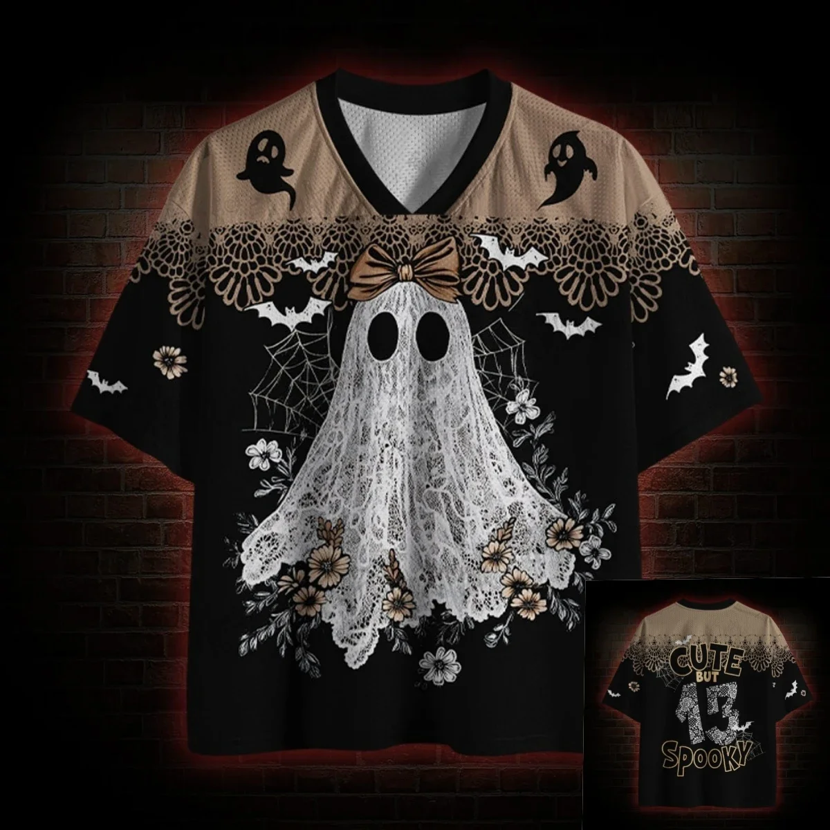 Goth-Style 3D-Druck Herren Damen Schnelltrocknendes Sport-T-Shirt mit V-Ausschnitt, locker geschnitten, Retro-Hexen-Fledermaus-Muster, Party, Festival, besondere Anlässe, Elternkleidung – Detail 8