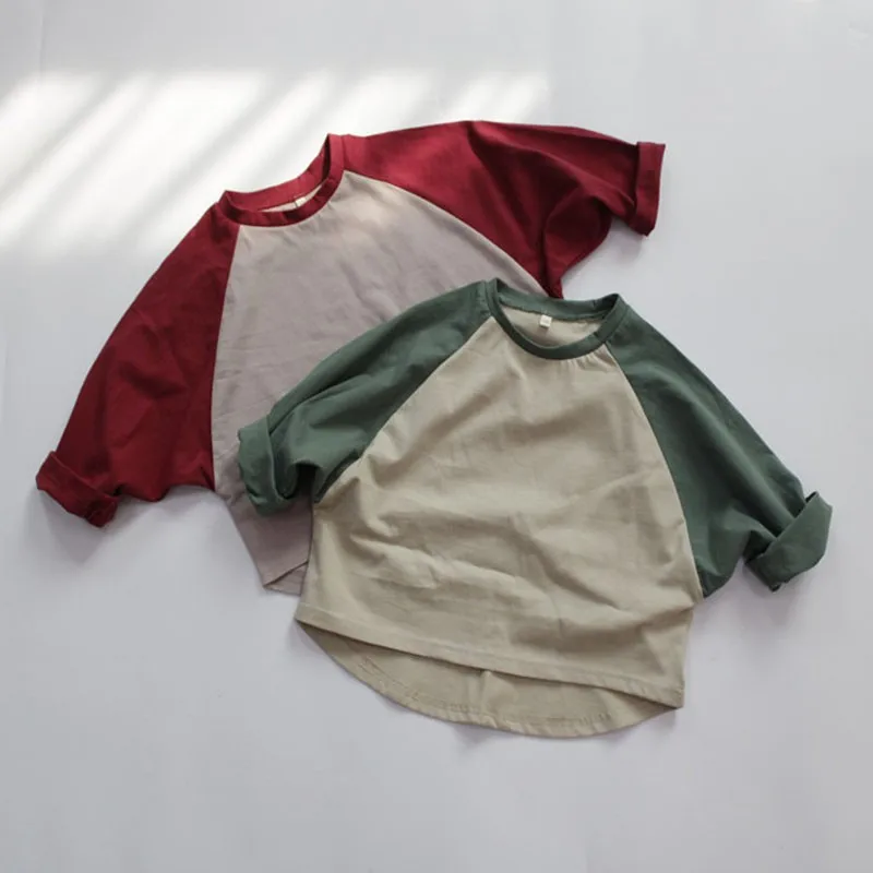 Children Girl Casual Patchwork Tops Pullover Loose Thin Long Sleeves Tees Boys Spring Simple Bottoming Shirt Cotton New T-shirt