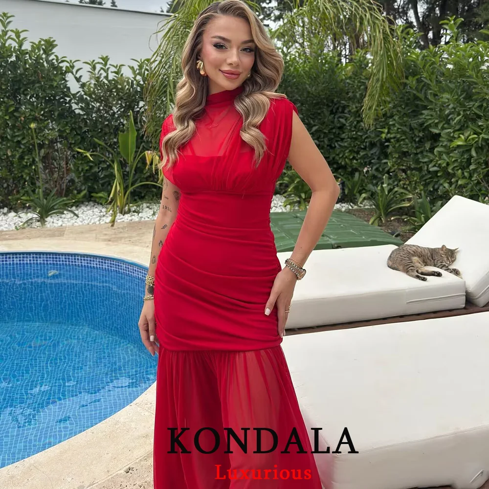 KONDALA فستان طويل مثير بطيات شبكية للحفلات للنساء بياقة مدورة وأكمام قصيرة فستان طويل نحيف موضة خريف 2025 فستان نادي مسائي