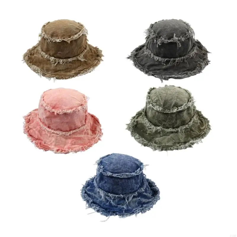 F3MF Frayed Hat Vacation Spring Bucket Hat Distressed Bucket Hat for Adult Teens Skin Friendly Outdoor Fishing Hat