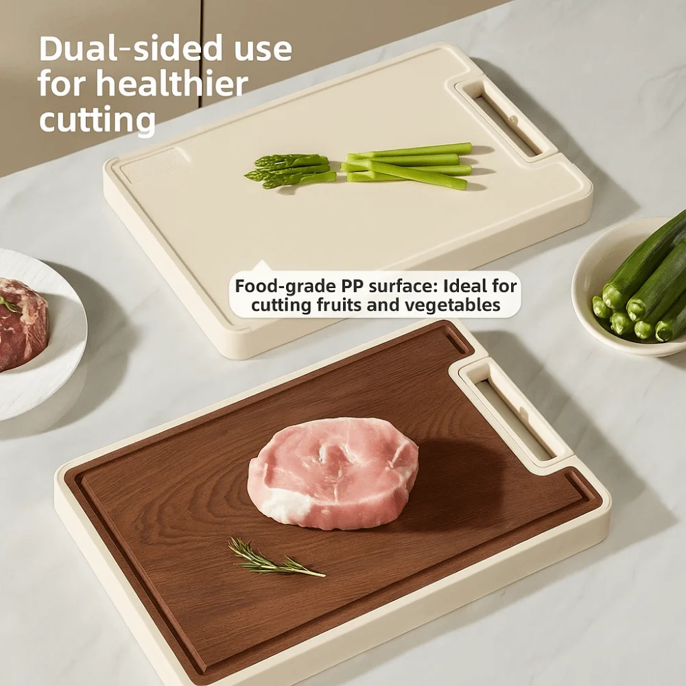 Anti-Bacterial Double-sided Cutting Board Anti-Slip Non-sticky Wood Chopping Board with Handle Anti-Mold Kitchen Chopping Block