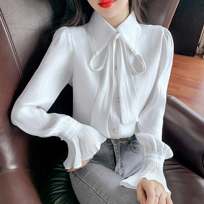 Elegant Chic Sweet Lace Up Bow Pleated Flare Long Sleeve Street Button Up Shirt New Korean Fashion Solid Top Blouse Women Blusas