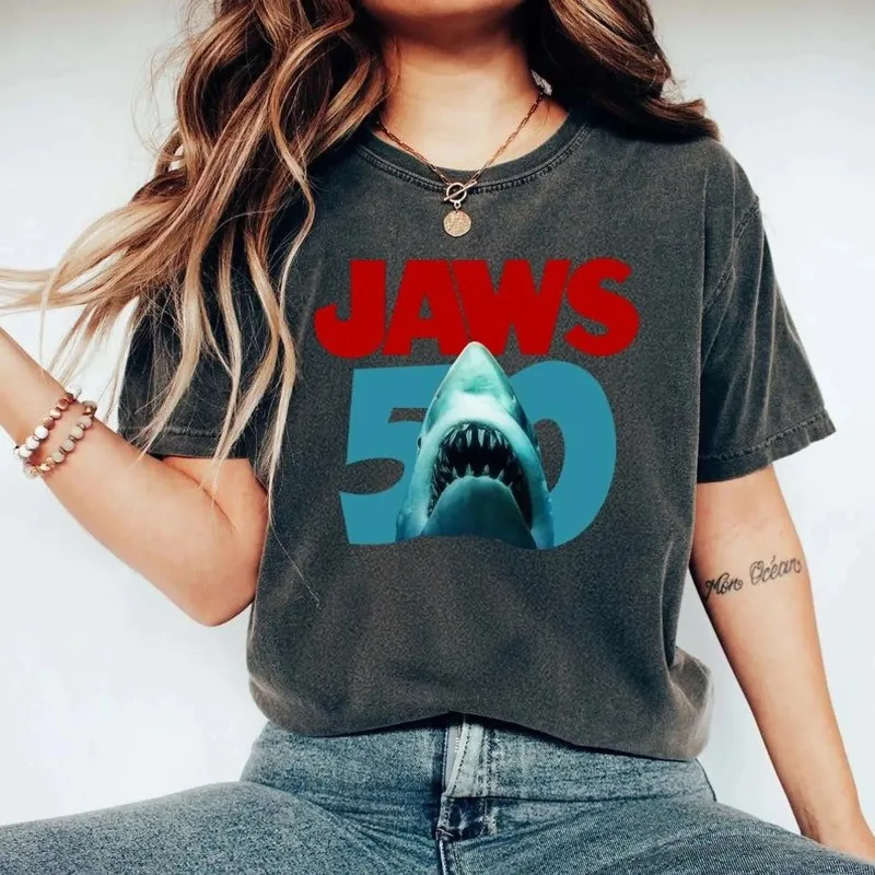 50th Anniversary Commemorative Pattern T-shirt of Jaws Classic Movie T-shirt Summer New Casual Fashion Cotton Unisex T-shirt