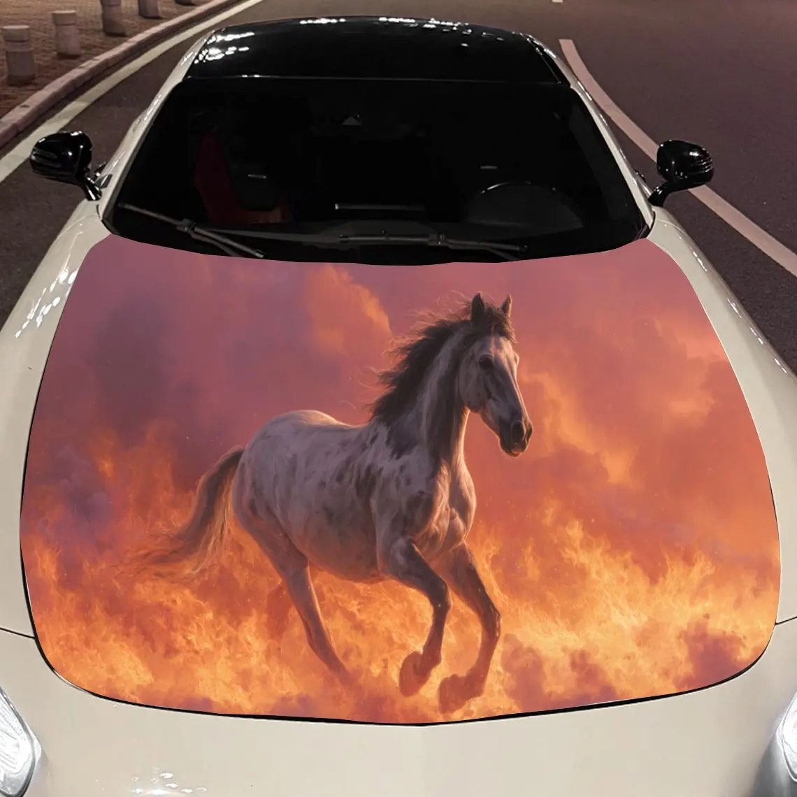 

Dynamic Flaming Horse Car Hood Stickers - Self-Adhesive, Waterproof and Durable Vinyl Wrap, Decorate And Protect Your Car - The