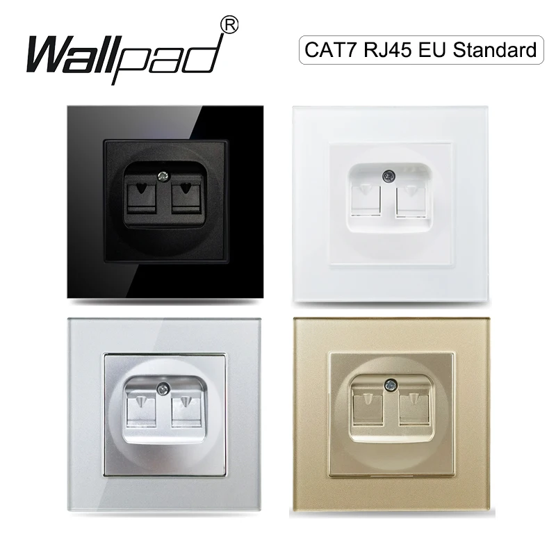 RJ45 CAT7 Connector Double Data Socket Wallpad White Black Gold White Glass Frame Network CAT 7 Wall Mount Data Internet Port