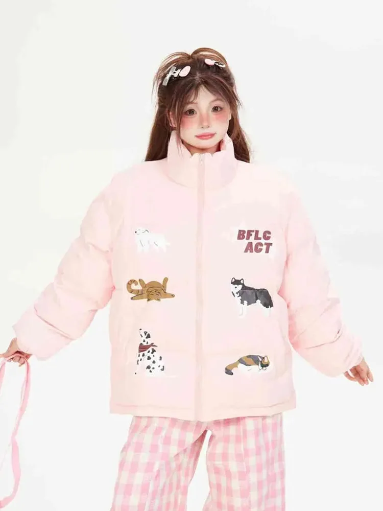 

Ретро милые парки с героями мультфильмов, женские свободные уличные парки с воротником-стойкой Y2K, пышное пальто, японская кавайная зимняя толстая милая куртка с длинными рукавами