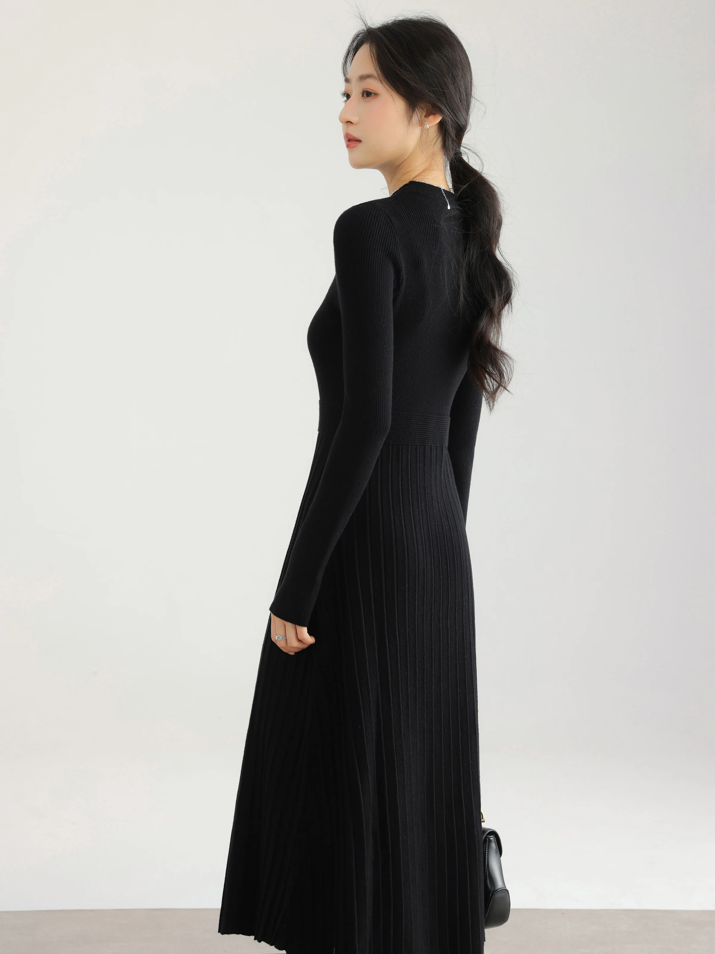 Vestido de malha elegante para mulheres, vestido suéter de manga comprida, cintura alta, vestido midi canelado para camadas de outono e escritório casual