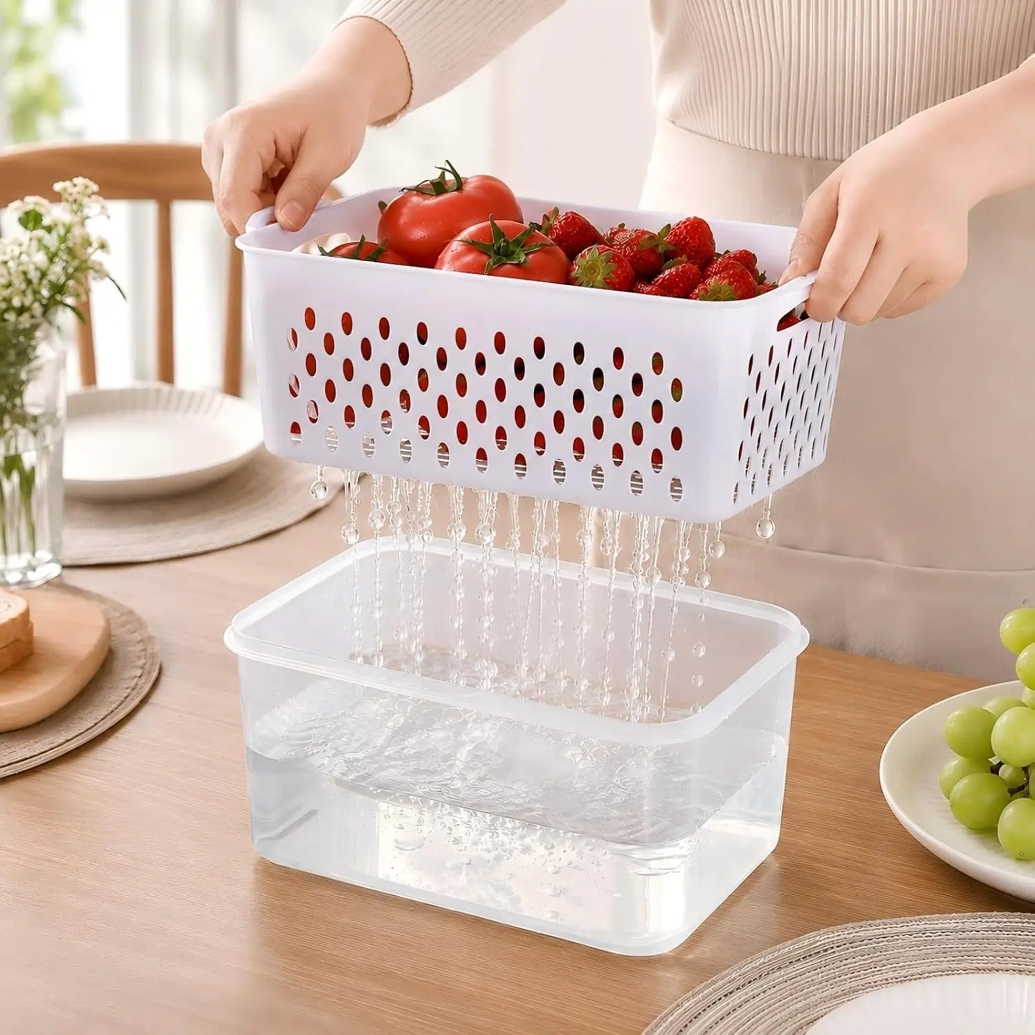 3 Pcs Fruit Storage Containers For Fridge, Produce Storage Containers With Removable Colander Basket & Airtight Lid, BPA-free