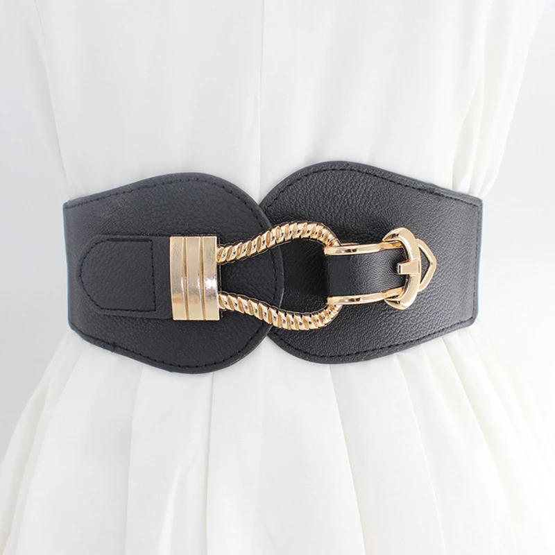 Women Fashion Wide Waistband Big Buckle PU Leather Cummerbunds for Ladies Dress Sweater Stretchy Belts Elastic Waist Belt