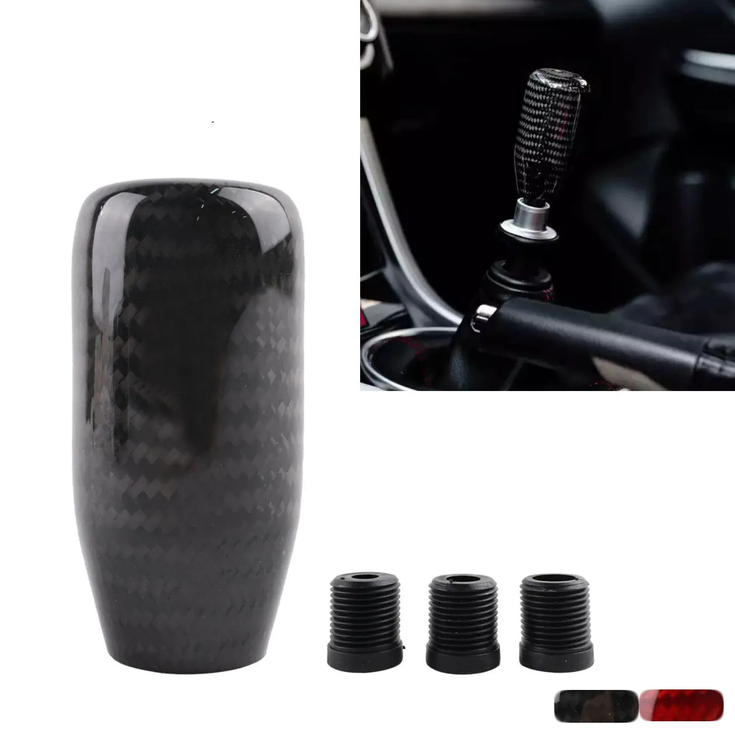 Black Red Real Carbon Fiber Car Gear Shift Knob Shifter Head w/ 3 Adapter Universal