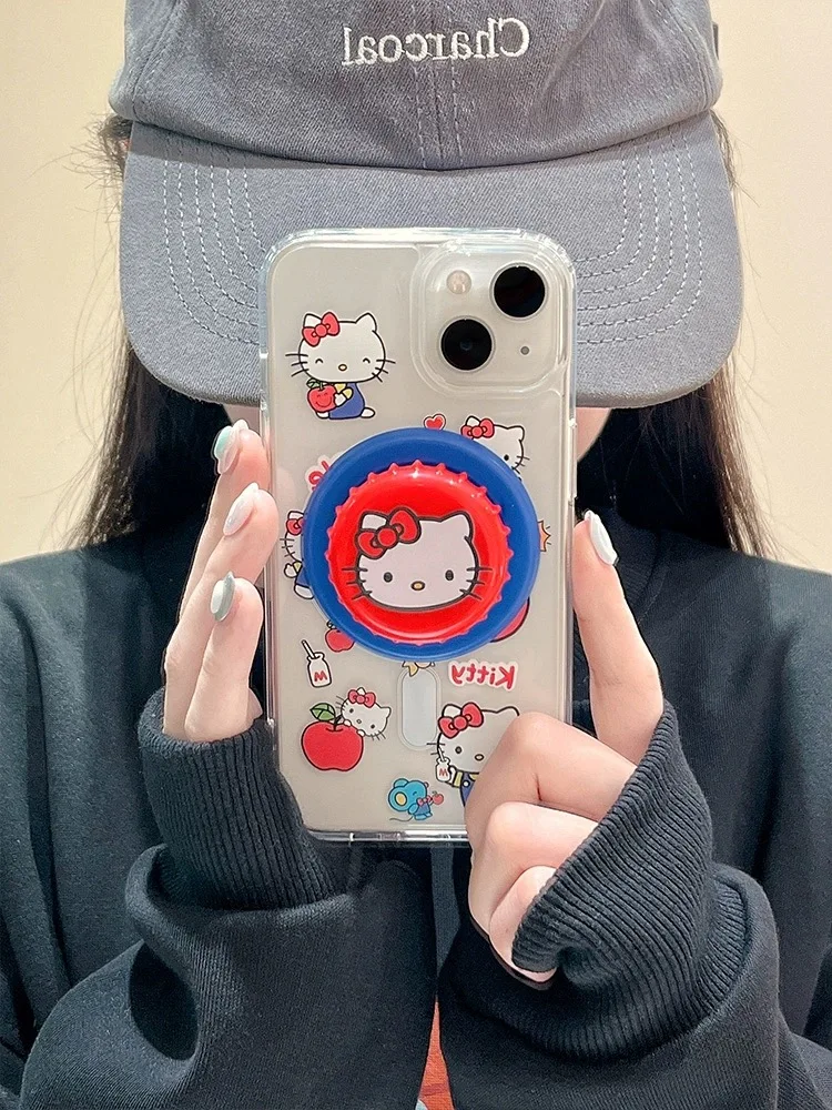 Funny Cartoon Bottle Cap Cute Hello Kitty Cat Magsafe Wireless Charge Case For iPhone 12 13 14 15Pro Max 16 Pro Magnetic Holder