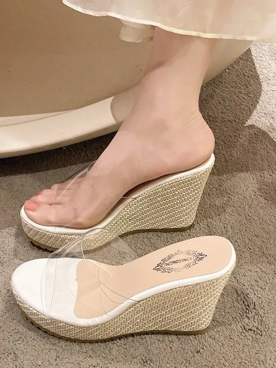 

Thick Heel Roman Style Woven Sandals Women's Outdoor Wear Spring New High Heel Transparent Strap Slippers Summer Open Toe