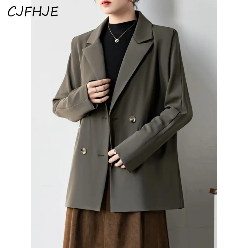 CJFHJE Senior Grey Suit Jacket Women New Chic Casual Temperament Suit Tops Nothced Collar Long Sleeve Jacket Coat Office Ladies