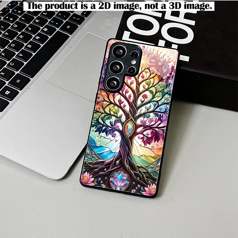 Shockproof Black Glass Phone Case 2D Print Colorful Glass Tree of Life Pattern Full Protection For Samsung S26 S25 S24 A55 A54 A