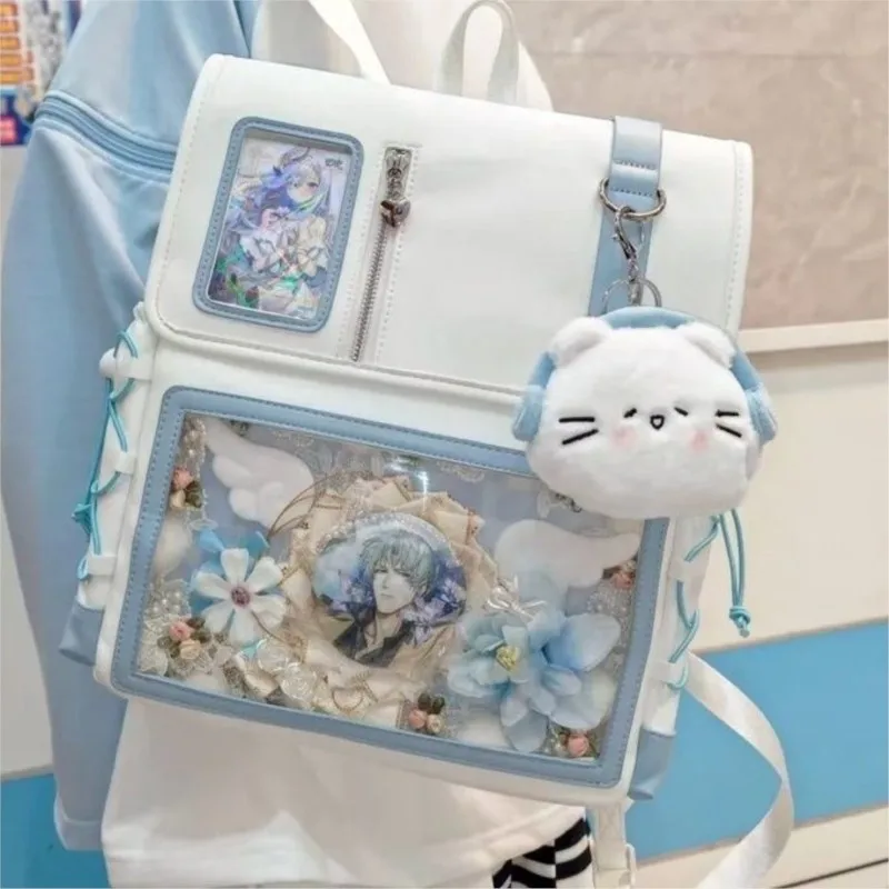 

JIAERDI Sweet Lovely Bow Tie Backpack Women Large Capacity Leather Color Block Ita Bag Ladies Transparent Anime Mochilas Mujer