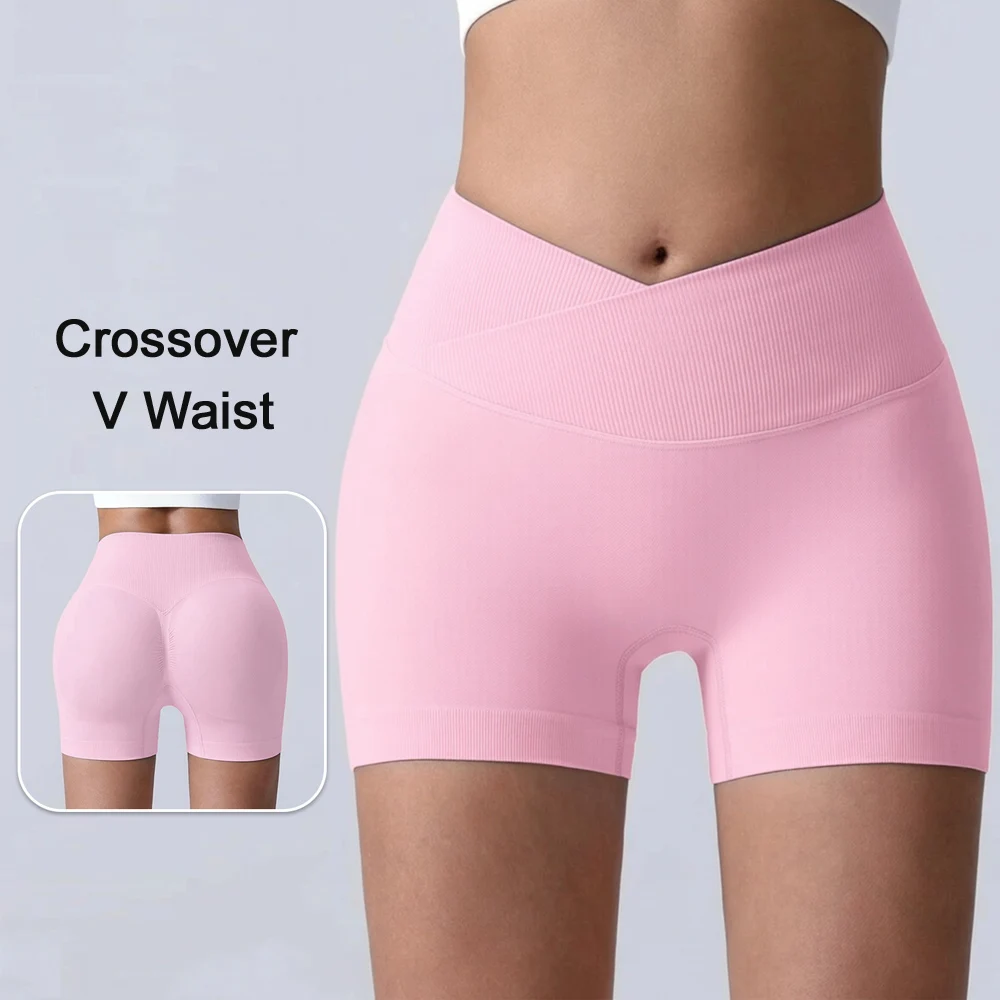 Crossover V Waist Yoga Shorts Women Seamless Scrunch Bum Workout Gym Shorts High Stretch Running Pilates Booty ShortS