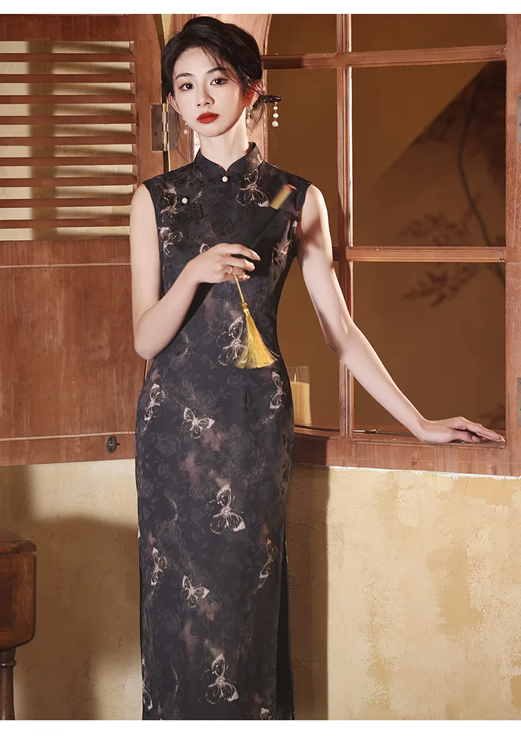 ผู้หญิงผิวดําแขนกุดยาว Cheongsam วินเทจผีเสื้อพิมพ์สไตล์จีน Qipao เครื่องแต่งกายชุดราตรีแต่งงาน