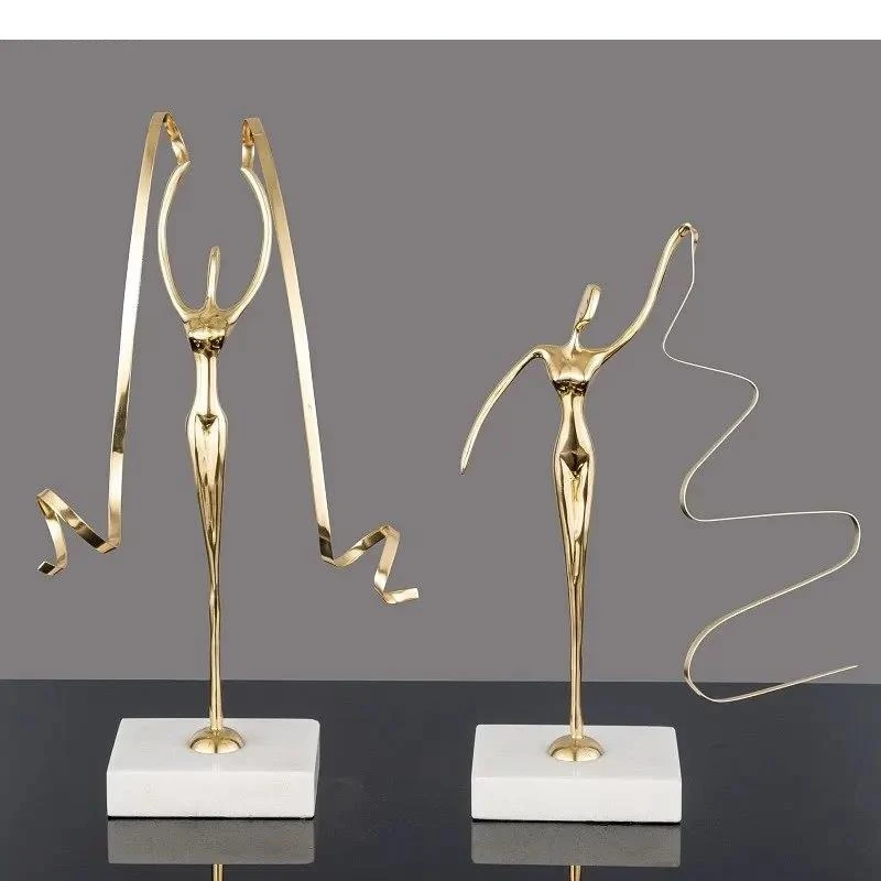 Brass Figures Statue  Ribbon Gymnast Marble Base Desk Decoration Ballet Dancer Abstract Character Sculpture Metal Figurine