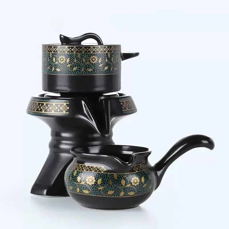 Ronghao Lazy Tea Set Western Governance 3-piece Automatic Tea Set Stone Mill Rotates New Lid Complete Set of Household Teapot