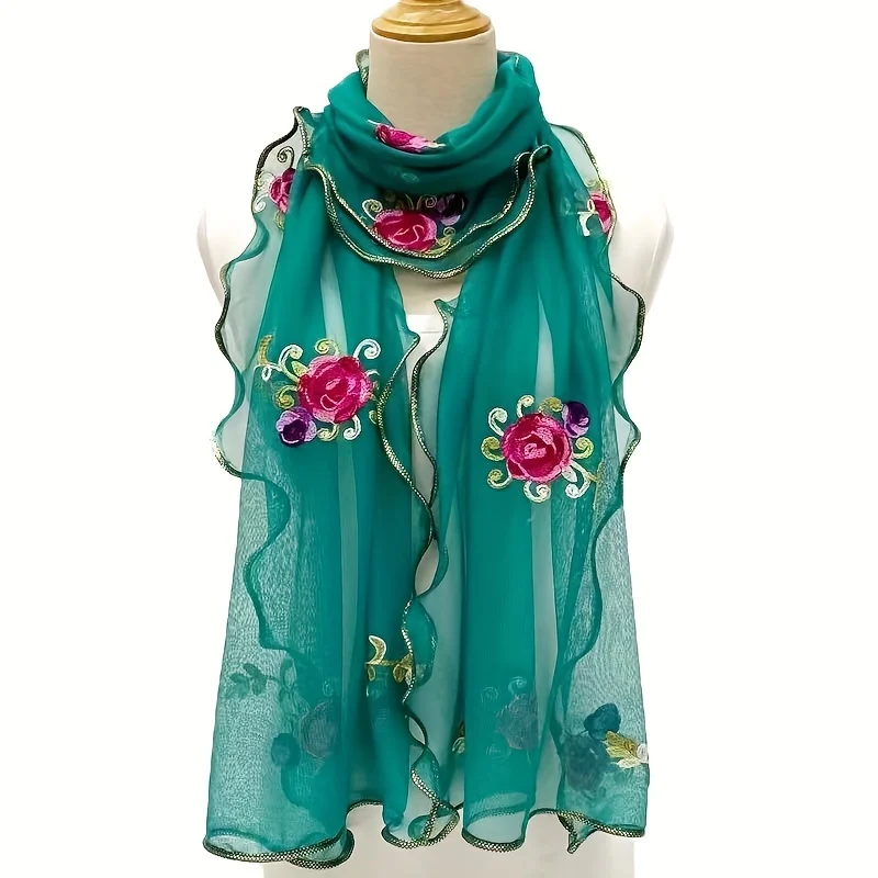 

Elegant Black Floral Embroidered Scarf，With gold decoration and ruffles - 100% Polyester Fiber，Lightweight and Breathable，Multif