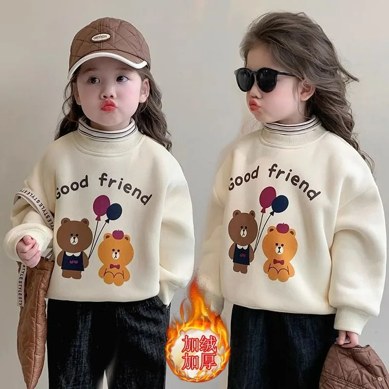 

Girls' Fleece Sweater Autumn and Winter 2024 New Children's Fake Two Girls' Winter Half Turtleneck Top