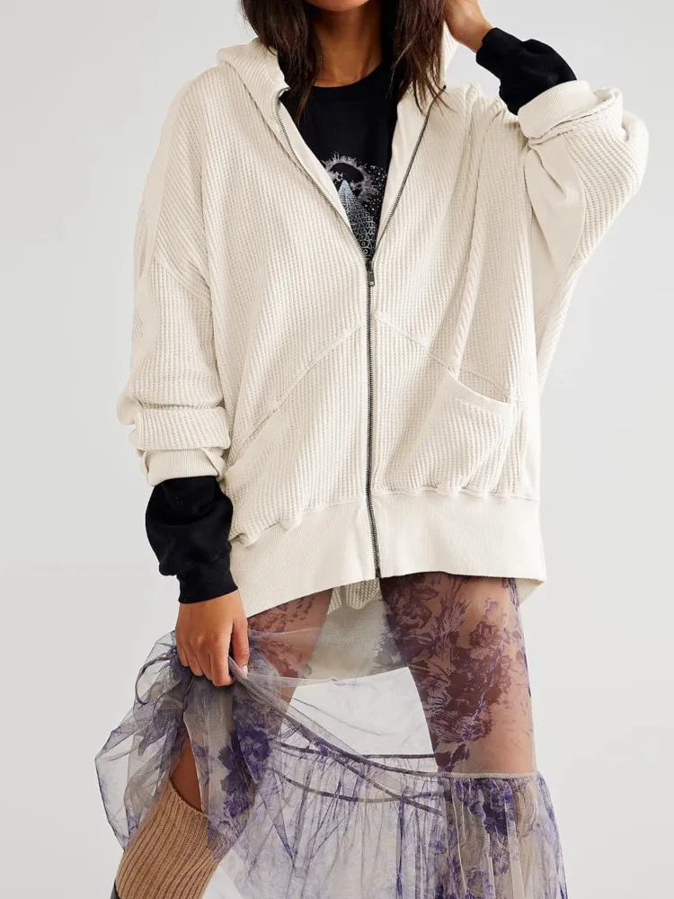 Herbst Und Winter Waffel Strickjacke Zipper Straße Mit Kapuze Sweatshirt frauen Faul Stil Lose Einfarbig Lange-ärmeln Jacke tops