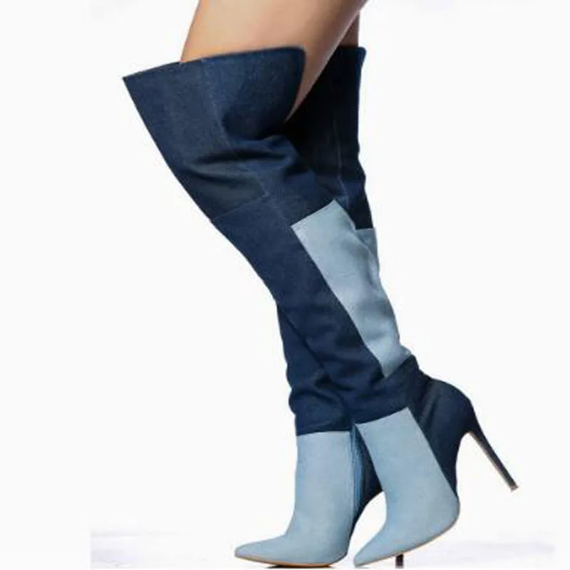 Blue Two‑Tone Denim Over The Knee Boots Women Color Block Spliced Pointed Toe Thin Heels Turn‑Down Cuff Fashion Party Long Boots view 2