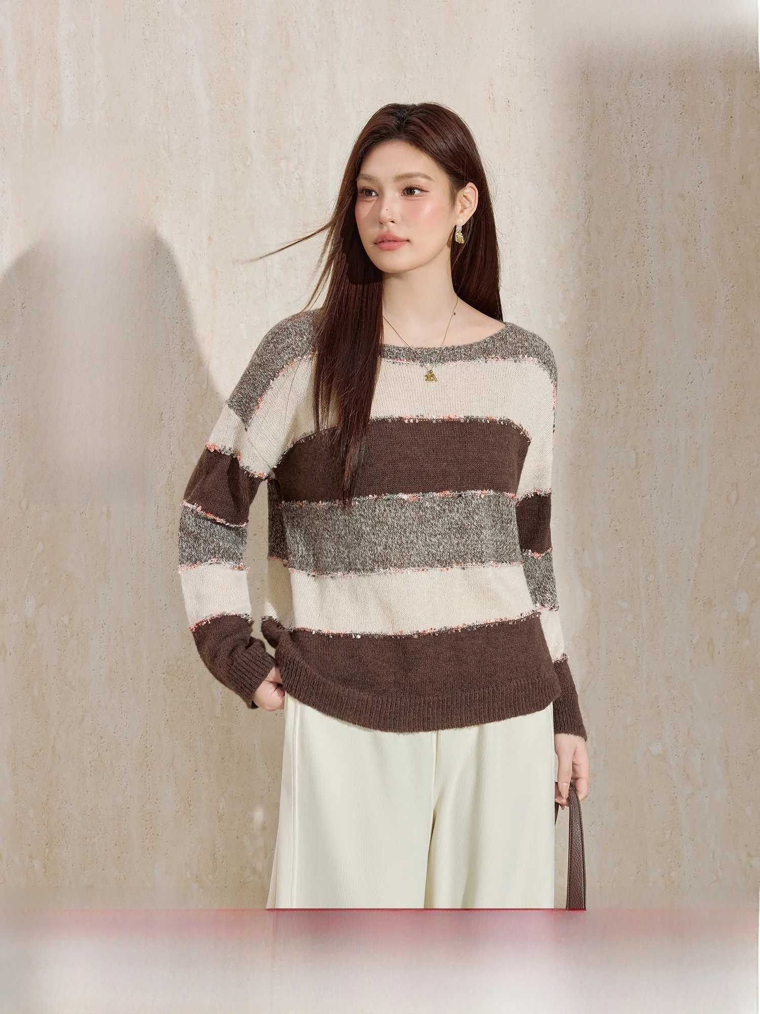 

Blue Language Large Size Retro Casual Color Blo Stripe round Ne Knitted Sweater Women's Loose Fit Winter New Sle Lazy Girl