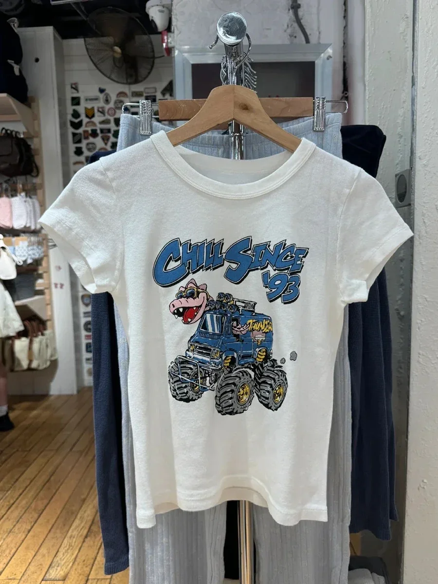 恐竜漫画プリントスリム Tシャツ女性新綿 O ネック半袖 Tシャツ夏アメリカンストリート原宿クロップトップス Y2k